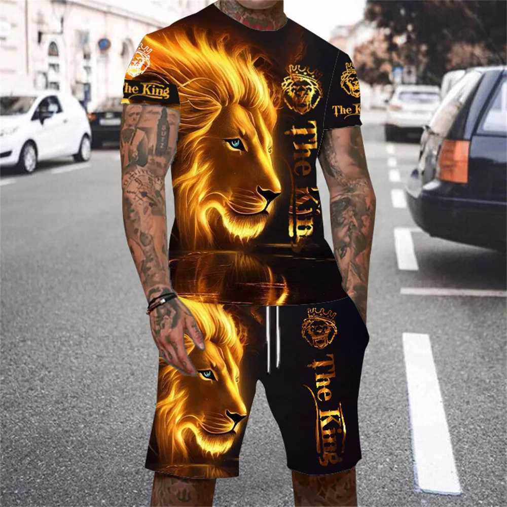 Lion King 3D Printed Mens T-shirt Set 2024 Summer O-collar Short-sleeved T-shirt Top 3D Style Mens Casual Outdoor Fashion SetXJ250218