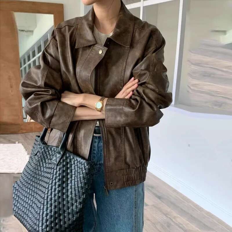 2024 New French Handsome Women Vintage Collar Zipper Loose BF Style Motorcycle Biker PU Leather Jacket Woman