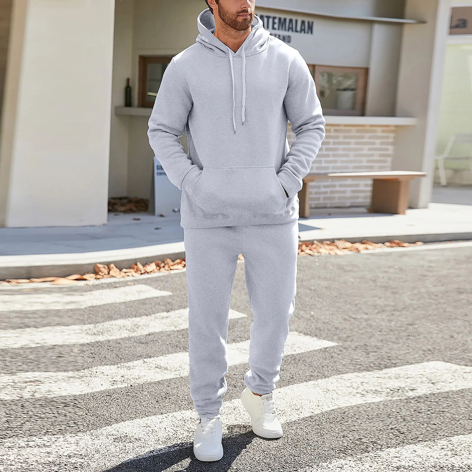 Autumn And Winter Men Tracksuit Hooded Sweatshirt Suit Solid Color Sports HoodiesSweatpants Set Running Fitness Men Clothing 250218