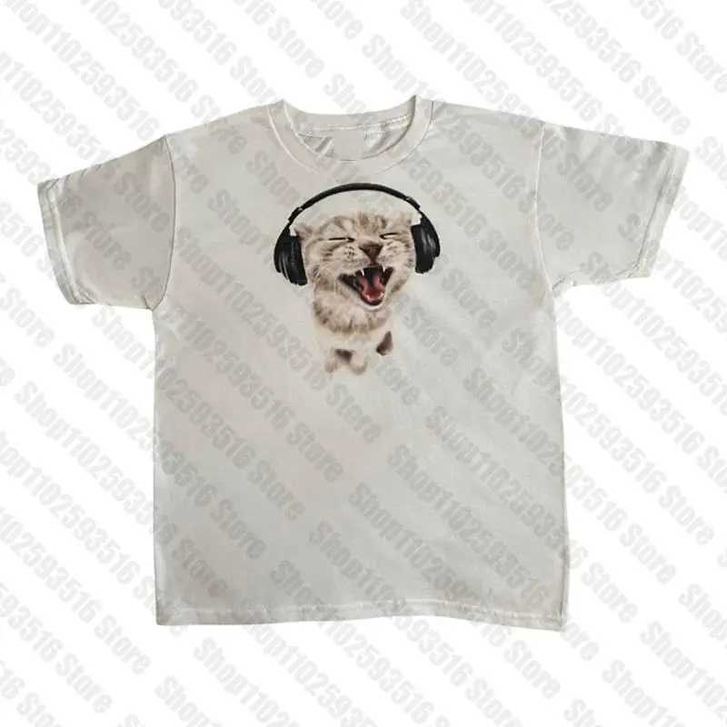 Aesthetic Short Sleeve T-Shirt Y2k Clothes Gothic Emo Girl Croped Tops Fun Kitten Print Vintage Women Casual Baby Tee StreetwearT250218