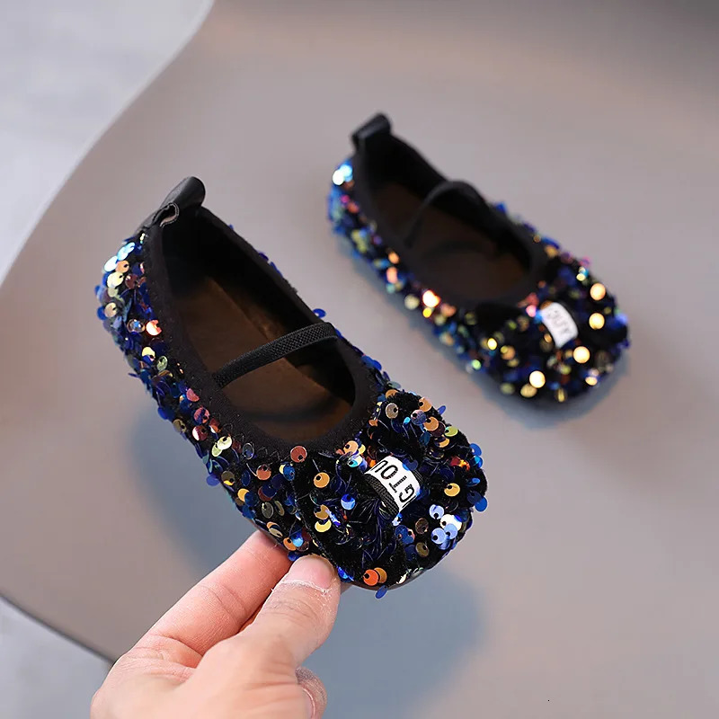 Girls Shoes Kids Glitter Leather Shoes for Wedding Stage Party Sequins Bling Shiny with Bow-knot Princess Soft Childrens Flats 250219