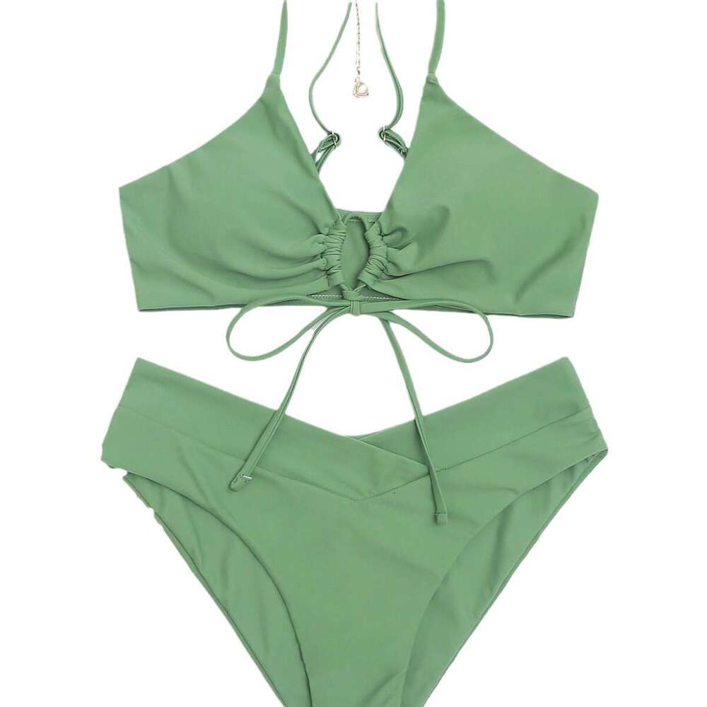 European and American solid color lace up sexy bikini split swimsuit women's 2025 new style temperament chic elegant clothing