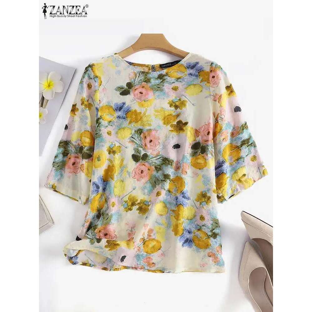 ZANZEA Women Cotton En Blouses 2024 Summer Bohemian Ral Printed Blusas Fashion 3/4 Sleeve O-Neck Top Casual Loose Shirts