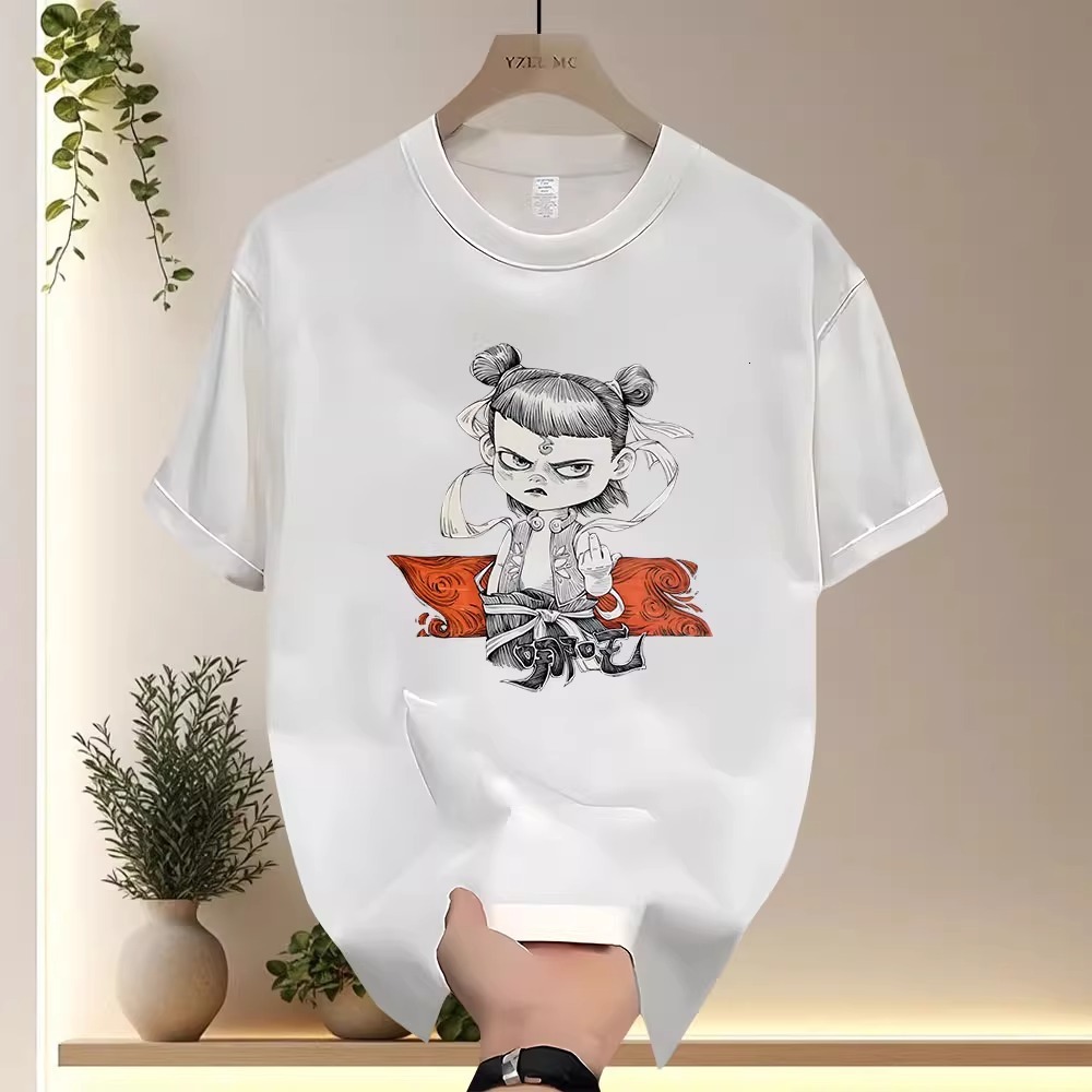 Summer 2025 New China-chic Cotton Round Neck Male And Female Youth Personality Designer T-shirt Nezha Printed Short Sleeve T-shirt Loose Casual Top
