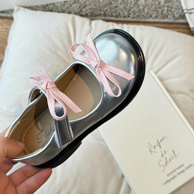 Spring Girls Mary Janes Sliver Black Bowknot Elegant Kids Leather Shoes Chunky Round Toe Beautiful Chic Children Flat Shoe26-36 250219