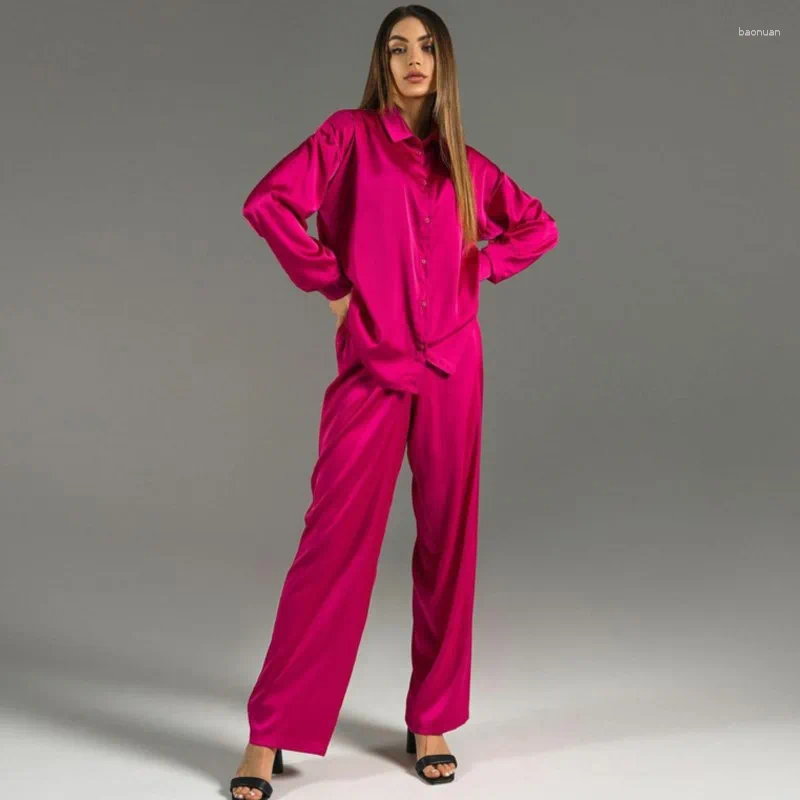 Women's Two Piece Pants Spring And Summer Lady Long Set Elegant Satin Silk Sleeved Loose Shirt Wide Leg Two-piece Women Outerwear