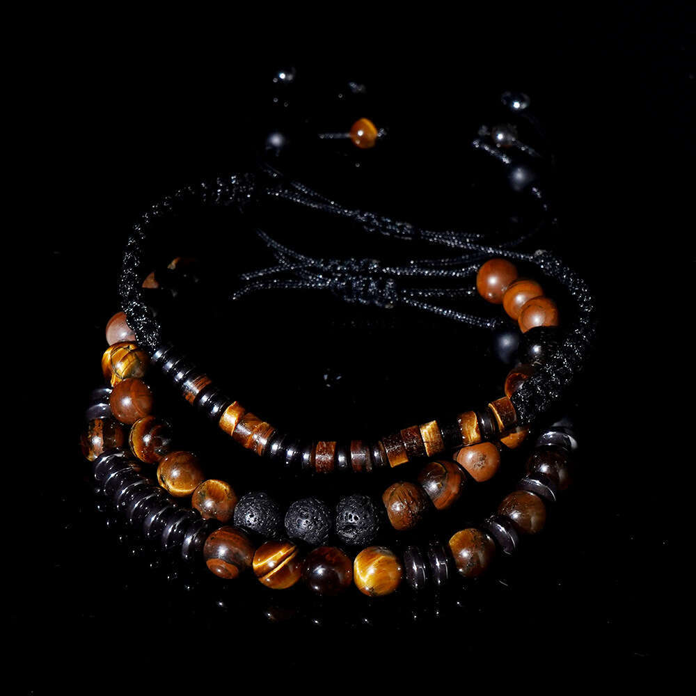 New Tiger Eye Volcanic Natural Stone Beaded Men's Bracelet 3-Piece Set