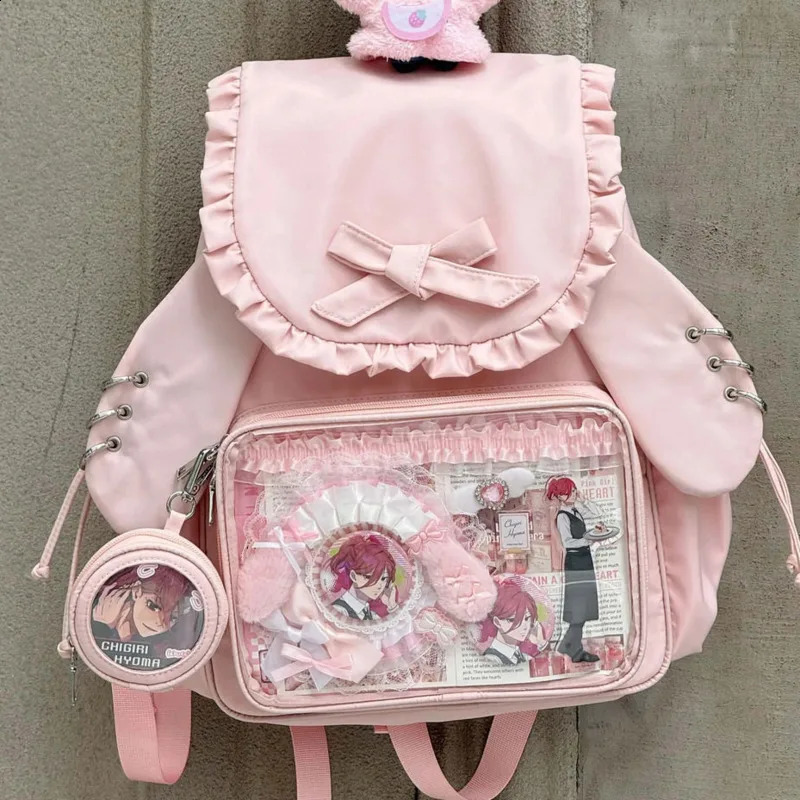 Bowkont Ruffled Japanese Y2k Backpack Transparent Pocket Lolita Bag High Capacity Preppy Style Itabag Rabbit Ear Pain Bag 250218