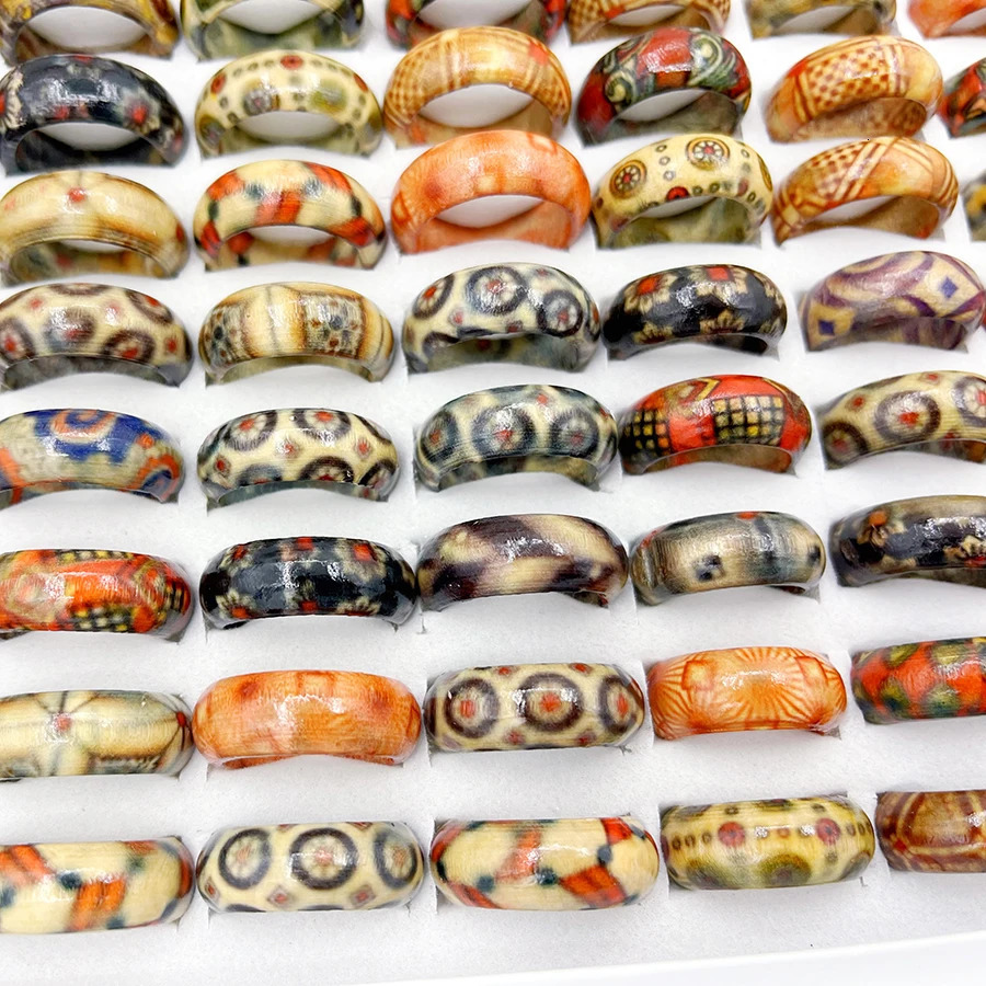 50/100Pcs Vintage African Totem Wood Neutral Ring Ethnic Style Mixed Payment Multi Piece Set Finger Accessories Jewelry Gifts 250218