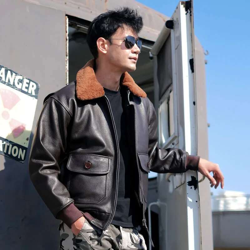 Dark Brown Winter Pilot Jacket Men Military Style Europe Size Genuine Natural Thick Cowhide G1 Flight Leather Coat