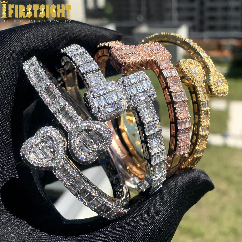 Iced Out Bling Rectangle CZ Opened Heart Bracelet Silver Color Square Zircon Charm Bangle For Women Hiphop Jewelry 250213