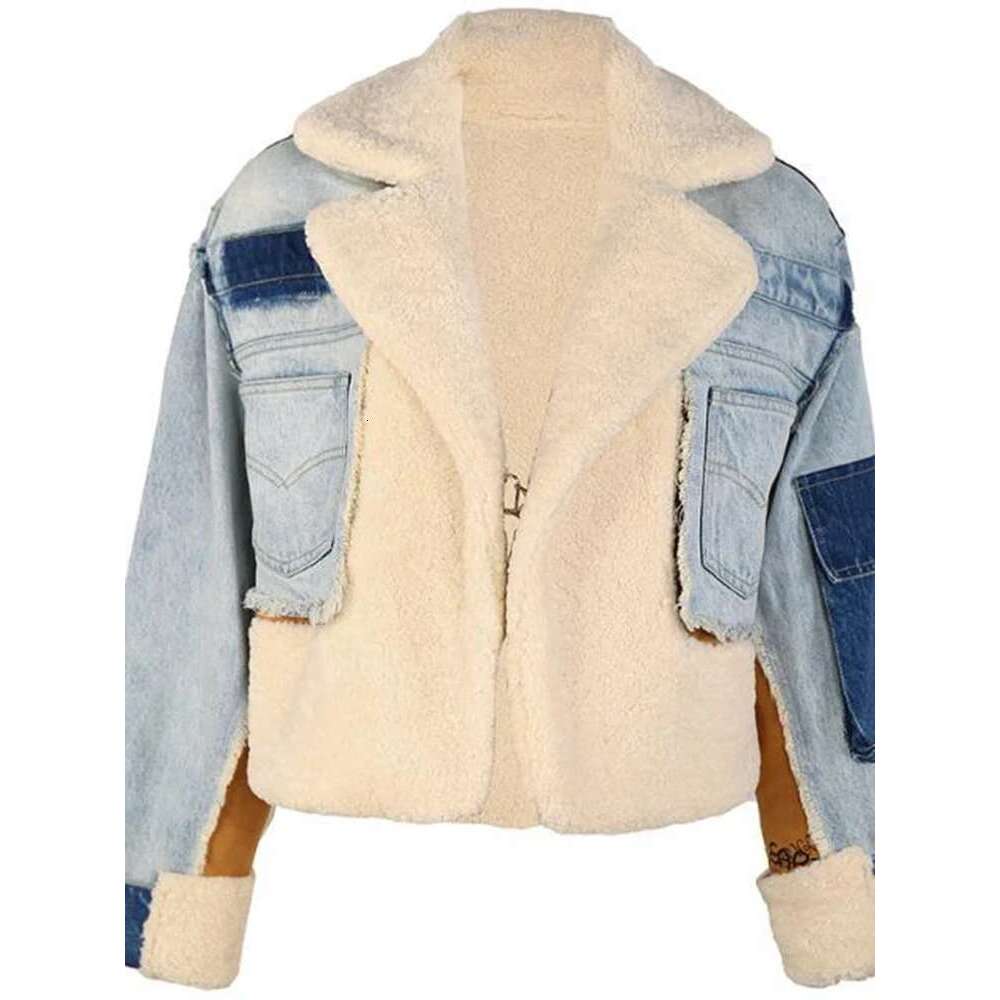 Denim Jacket, Women's , Plush, Personalized Lamb Wool Lapel, Thickened Top, Heavy Work Ing