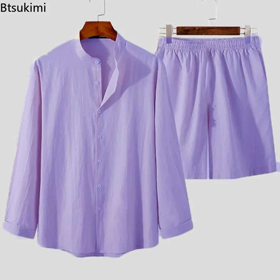 New 2025 Mens Summer Casual Hawaiian Beach Sets 2PCS Solid Long Sleeve Shirt and Board Shorts Streetwear Cotton Linen Men SetsXJ250218