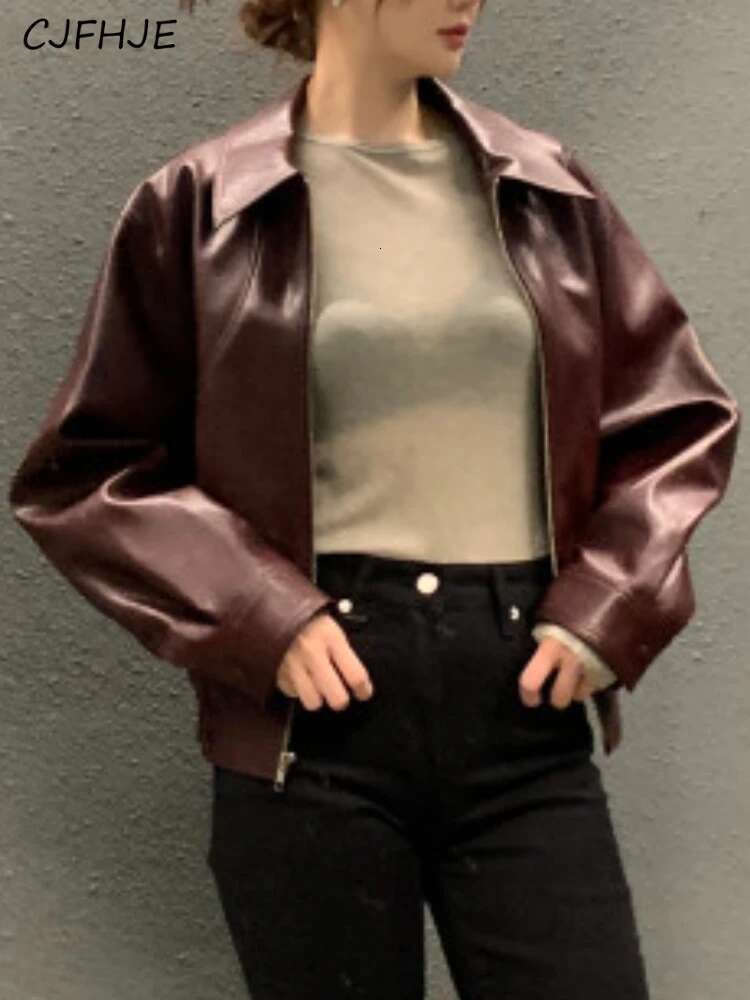 CJFHJE Fashion Trench Jackets Women Streetwear Moto Biker Zipper Jacket Casual High Street Cropped Leather Coats