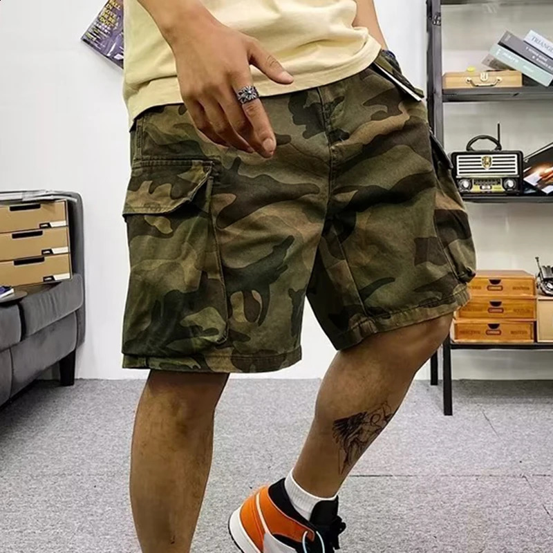 Trendy Camouflage Cargo Shorts Mens Summer American Belt MultiFlap Pocket Pants MidPants Loose Casual Trousers 250218
