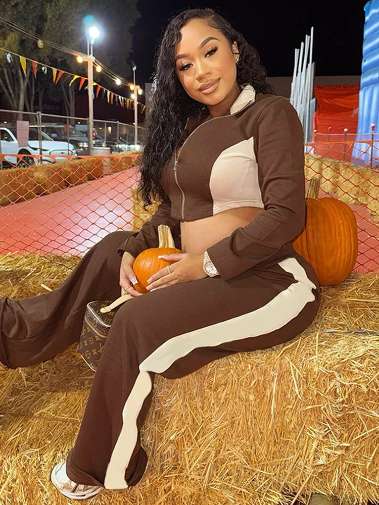 kliou Panelled Patchwork Women 2 Piece Set Fall Casual Lapel Full Sleeve Skinny Zip-up TopsOversized Straight Pants Basic Suits 250218