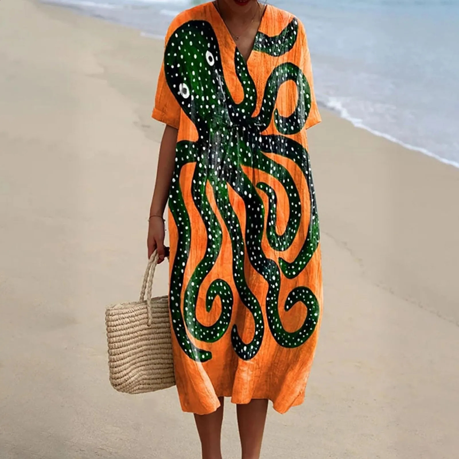 WomenS Vintage Ocean Fish Art Print V-Neck Half Sleeve Flowy Dress Bohemian Style Casual Loose Lady Long Dress Beach Party 250218