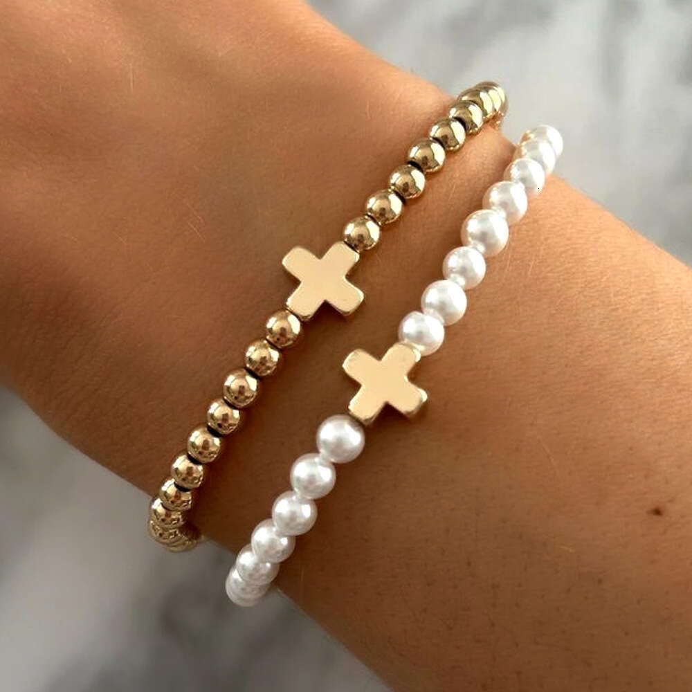 Fashionable and Personalized Iron Gallstone Cross Imitation Pearl Stacked Bracelet, Copper Bead Beaded Women's Bracelet