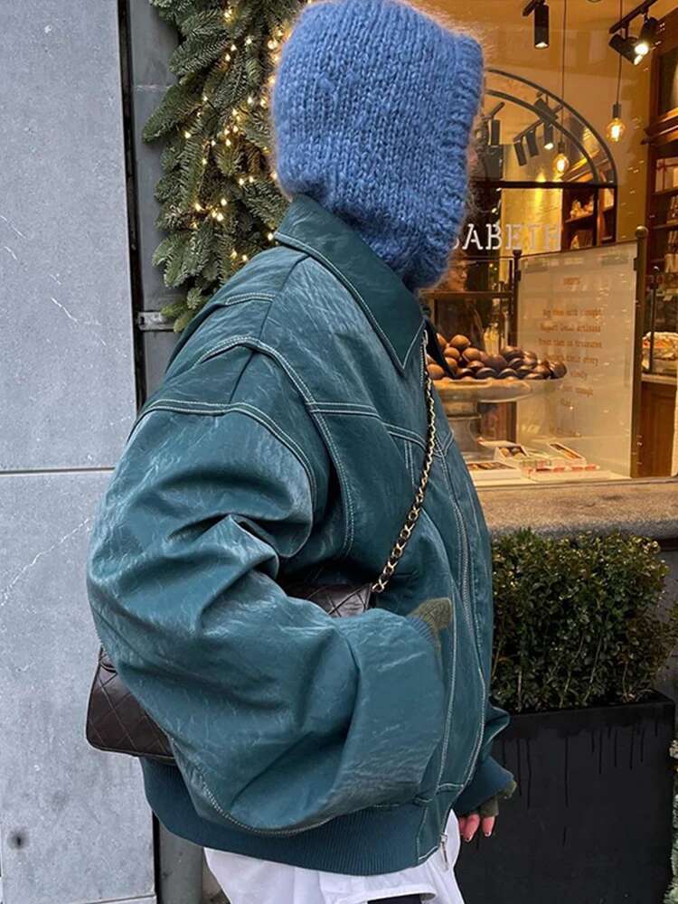 Zipper Leather Bomber Women's Jackets Oversize Contrast Lapel Coats Long Sleeve Jacket Motorcycle Autumn Outwear Top