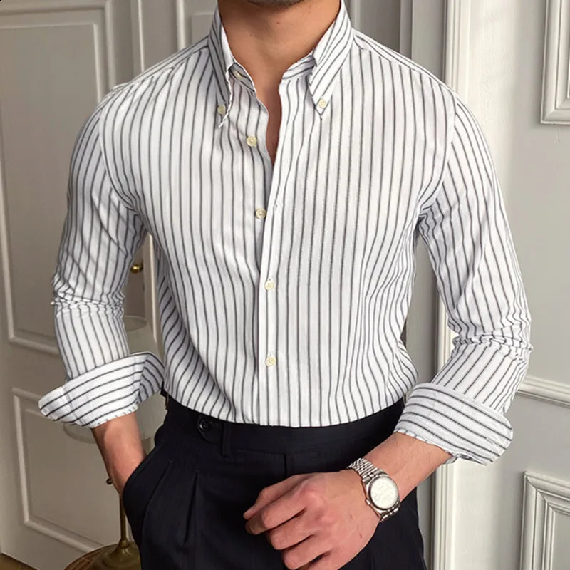 Casual Stripe Shirt Retro Shirt Dress Camisa Masculina Social Italian Spring British Style Men Long Sleeve Striped Shirt 250214