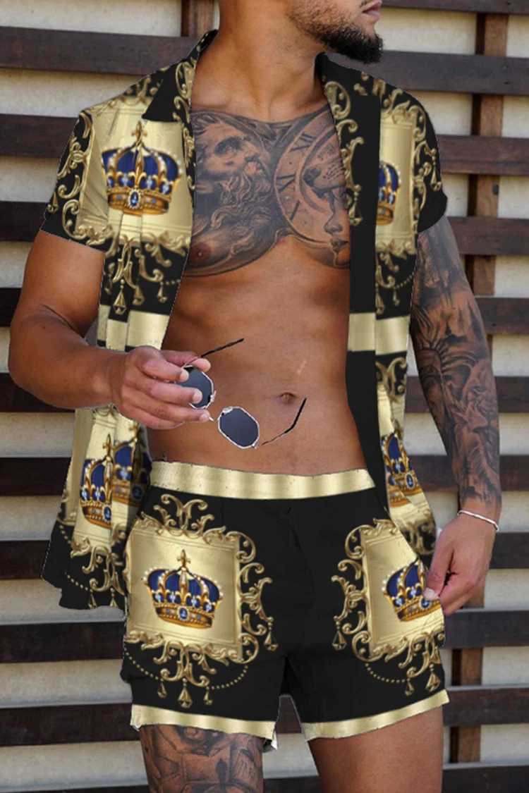 Fashionable Hawaiian printed mens 2-piece set luxurious 3D printed holiday set short sleeved casual beach shirt 2-piece mensXJ250218