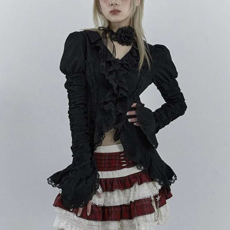Karrcat Gothic Black Lace Dark Aesthetic Irregular Blouses Yamamoto Style Grunge Flare Sleeve V-neck Shirt Vintage Y2k Emo