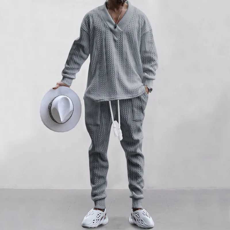 Male Beach Set Quick Dry Hawaiian Casual Pants V-neck All Matching Jacquard Knit Mens Suit Solid Color Long-Sleeved Top+PantsXJ250218