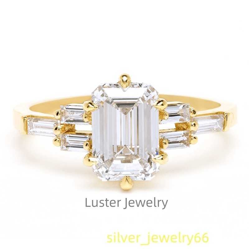 Luster Jewellery 10/14/18k 925 Silver Emerald Cut Moissanite Gold Wedding Ring