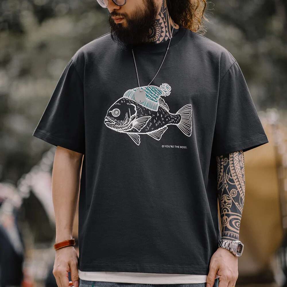 Retro Deep Sea Fish Cked Print T-Shirt Animal Pattern Round Neck Short-Sleeved Tops For Men's Summer Tee