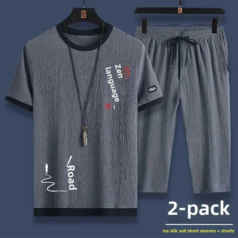 Summer Casual Mens Sports Suit Ice Silk Short Sleeved T-shirt Shorts Two-Piece Fashionable Set Chinese Mainland OriginXJ250218