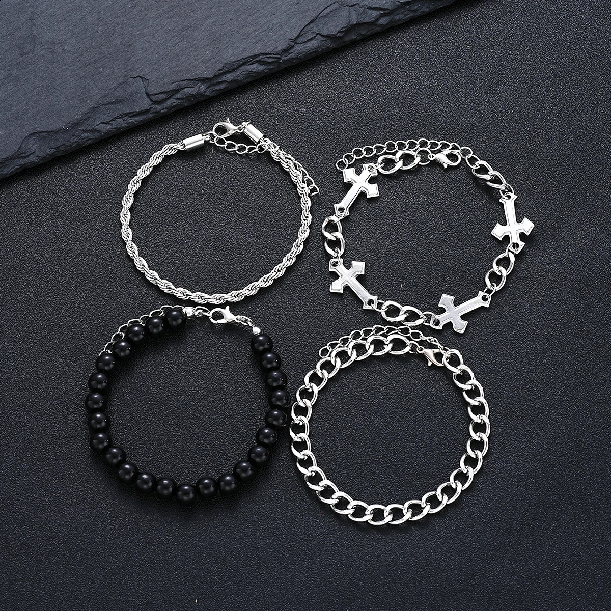 4piece stainless steel bracelet set suitable for men women punk fashionable cross bead chain simple hiphop neutral jewelry gift 250213