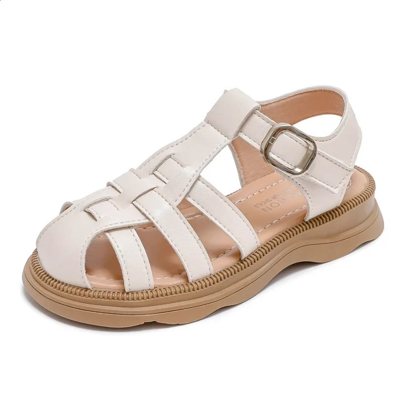 Childrens summer sandals solid color childrens girls shoulder woven style beach shoes fashionable childrens cut flat sandals 250219