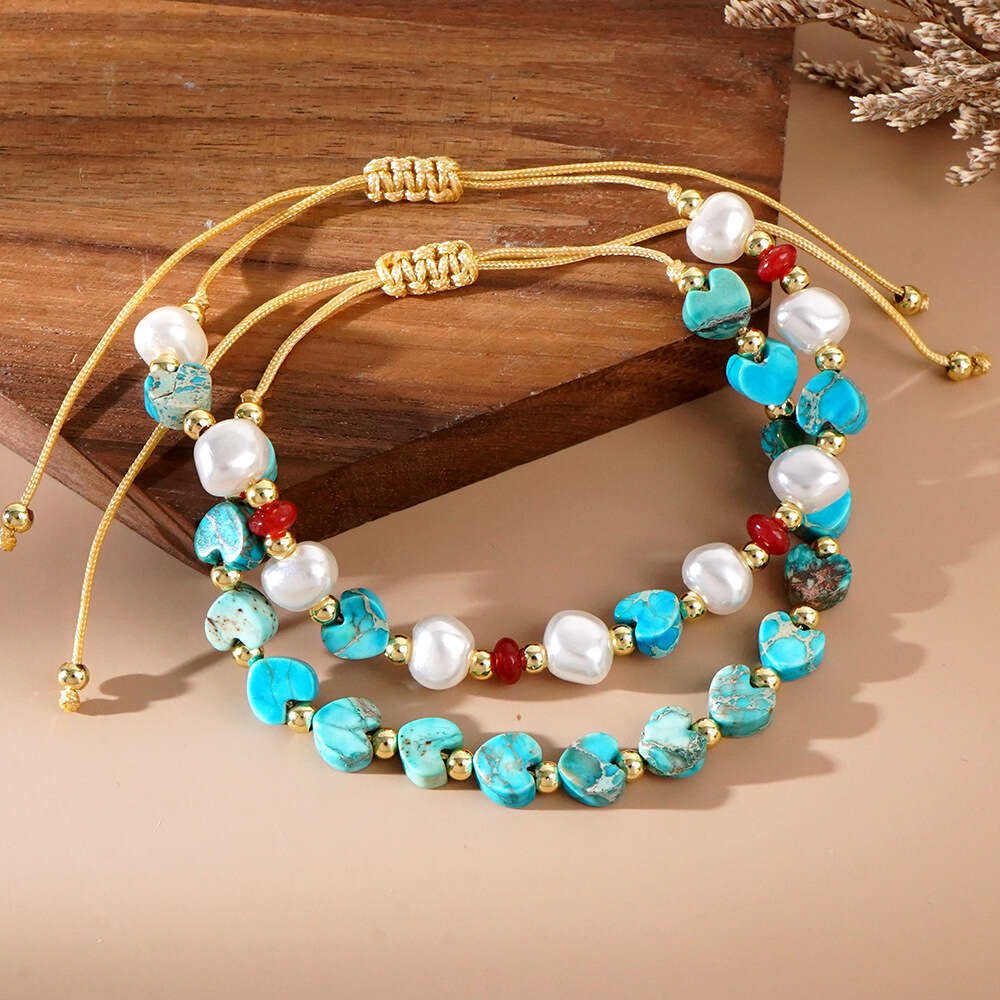 Bohemian imitation pearl peach heart bracelet, half imperial stone love Valentine's Day jewelry, 3mm copper bead bracelet