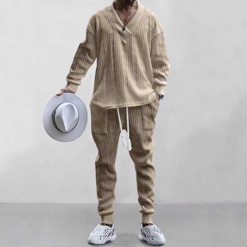 Male Beach Set Quick Dry Hawaiian Casual Pants V-neck All Matching Jacquard Knit Mens Suit Solid Color Long-Sleeved Top+PantsXJ250218