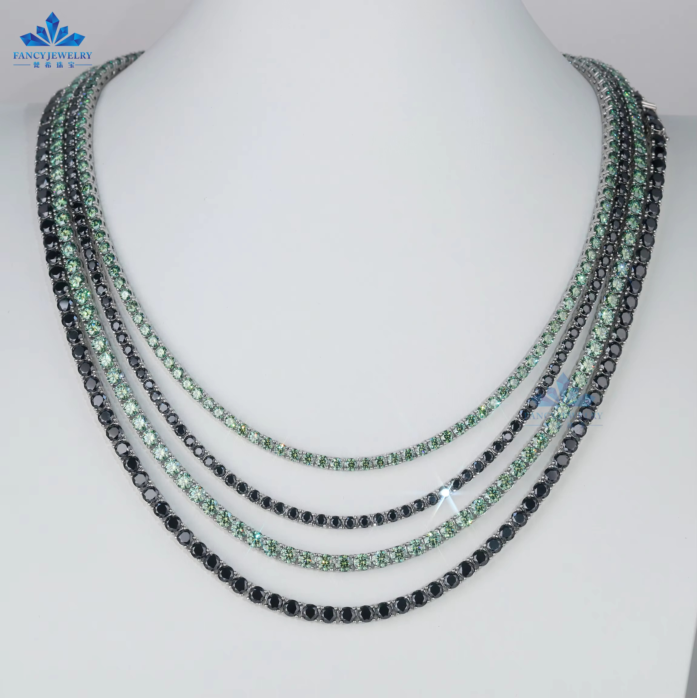Rhodium Plated 3mm 4mm 5mm Sterg Sier Chain Iced Out Black Moissanite Dia Tennis Necklace