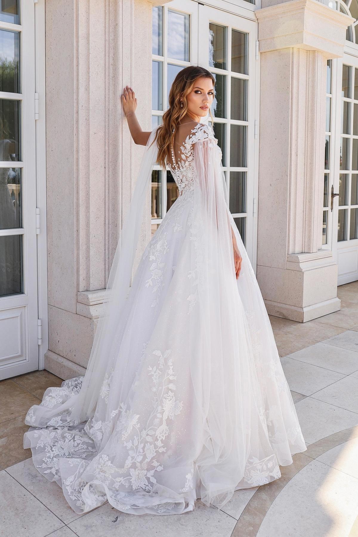 Elegant White Ivory Lace Wedding Dreses With Cape Sleeves Sheer Jewel Neck Appliques RUffles Long Bridal Gowns Button Covered Back Robes BC20105