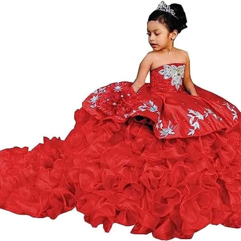 EVLAST Customized Royal Blue Cute Wer Girl For Weddings Applique Beaded Ruffles Pageant Gown First Communion Dress Fd01