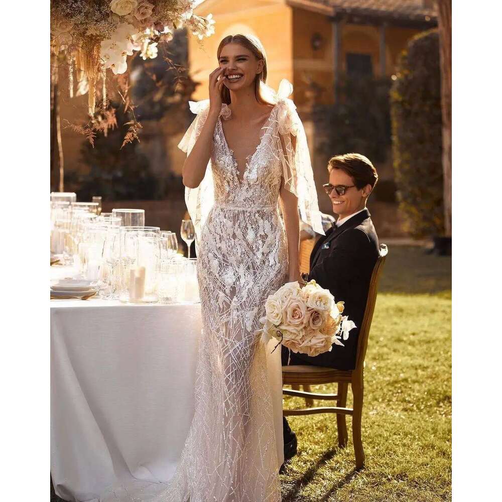 Gorgeous Mermaid Wedding Dresses Dismountable Beading Lace Bow Backless Bridal Gown Sweep Train Vestidos De Novia Customized