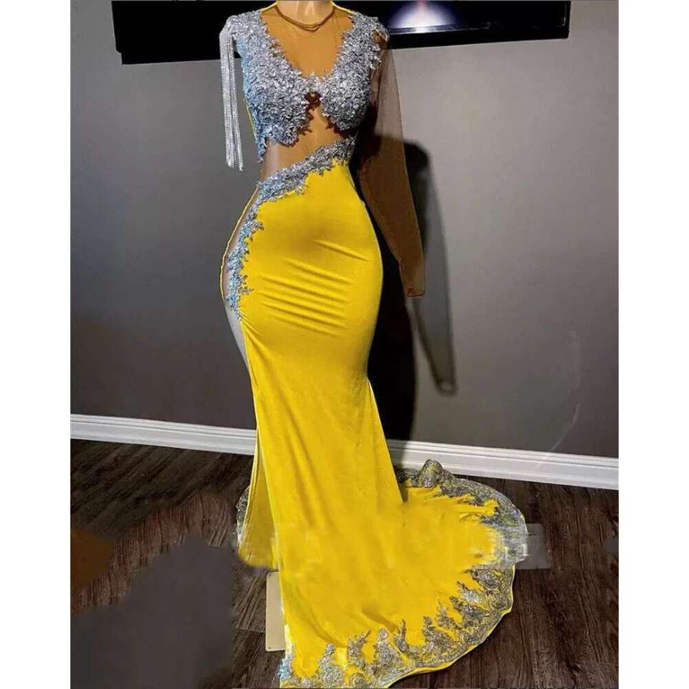 Sexy Yellow Mermaid Prom Dresses Black Girl Long Sleeve Beaded with Split African Women Formal Evening Party Gowns Customized