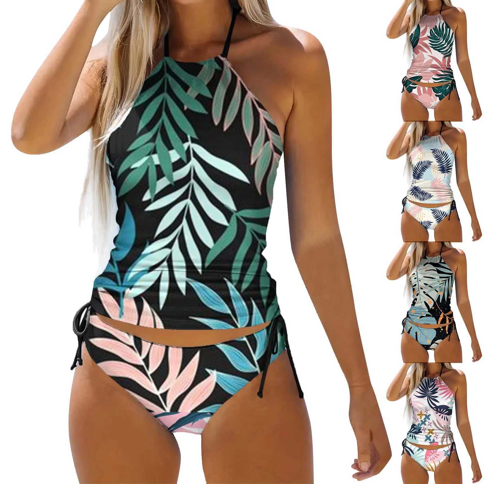 High Neck Bikini Top Teal Womens Two Piece Tropical Floral Print Swimsuit Tankini Swimsuit Womens Board Shorts Swimwear LongXJ250218