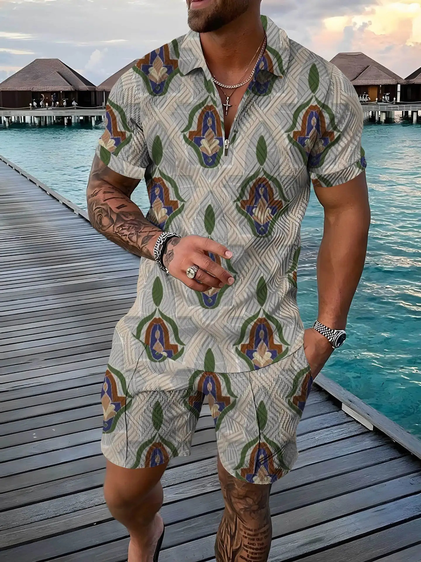 Vintage Bohemian wind Polo Set 3D Print shirt 2pcs Zipper Sets CollarShorts Hawaii Holiday Style Man Clothing 250219