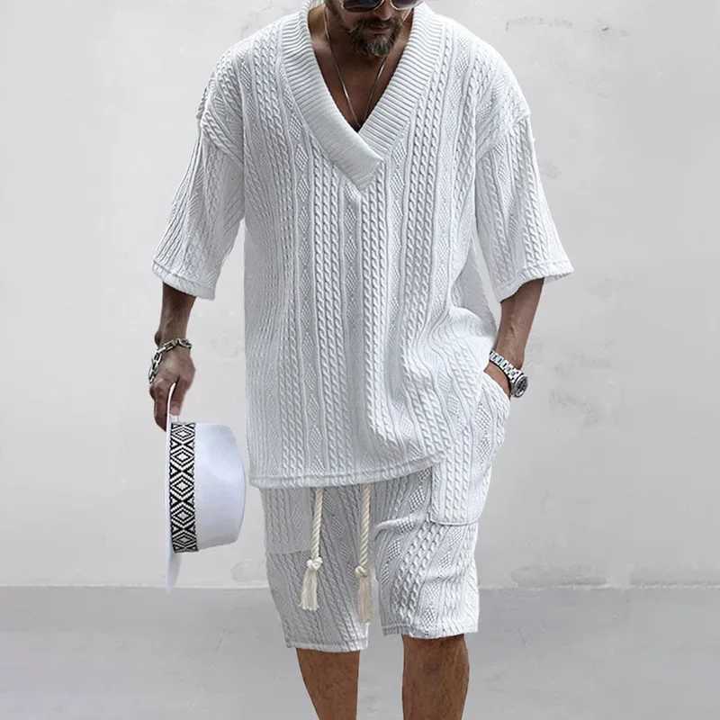 2024 Summer Casual Shorts Set Knitted Two Piece Mens Clothing V-Neck Short Sleeve T-shirt and Shorts Streetwear Knit OutfitsXJ250218