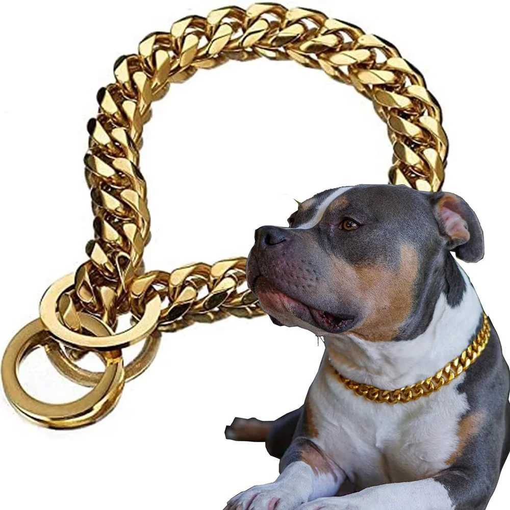 Gold Chain Dog Collar 15mm Wide Heavy Duty Metal Cuban Link Dog Slip Chain Collar Dog Necklace Fashion Pet Jewelry Accessories W250219