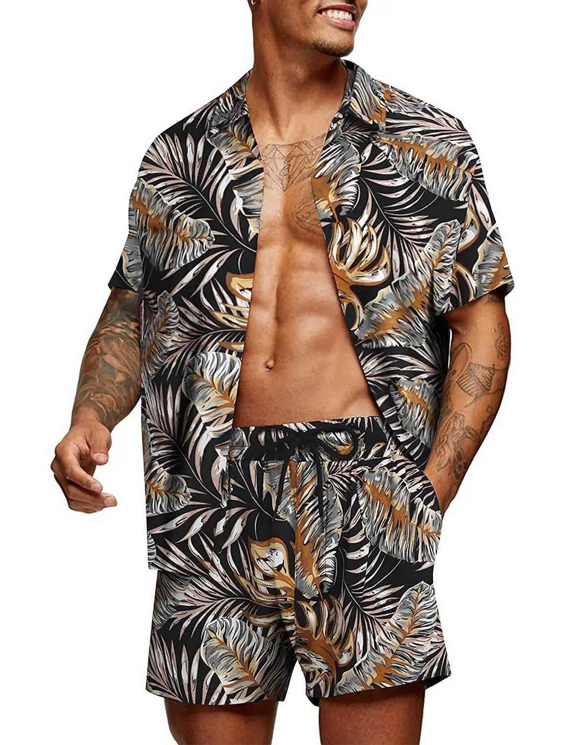 2023 Mens Shirt Set Retro Classic Stripe Pattern Color Pattern Comfortable Loose Tropical Jungle Vacation Fashion All-matchXJ250218