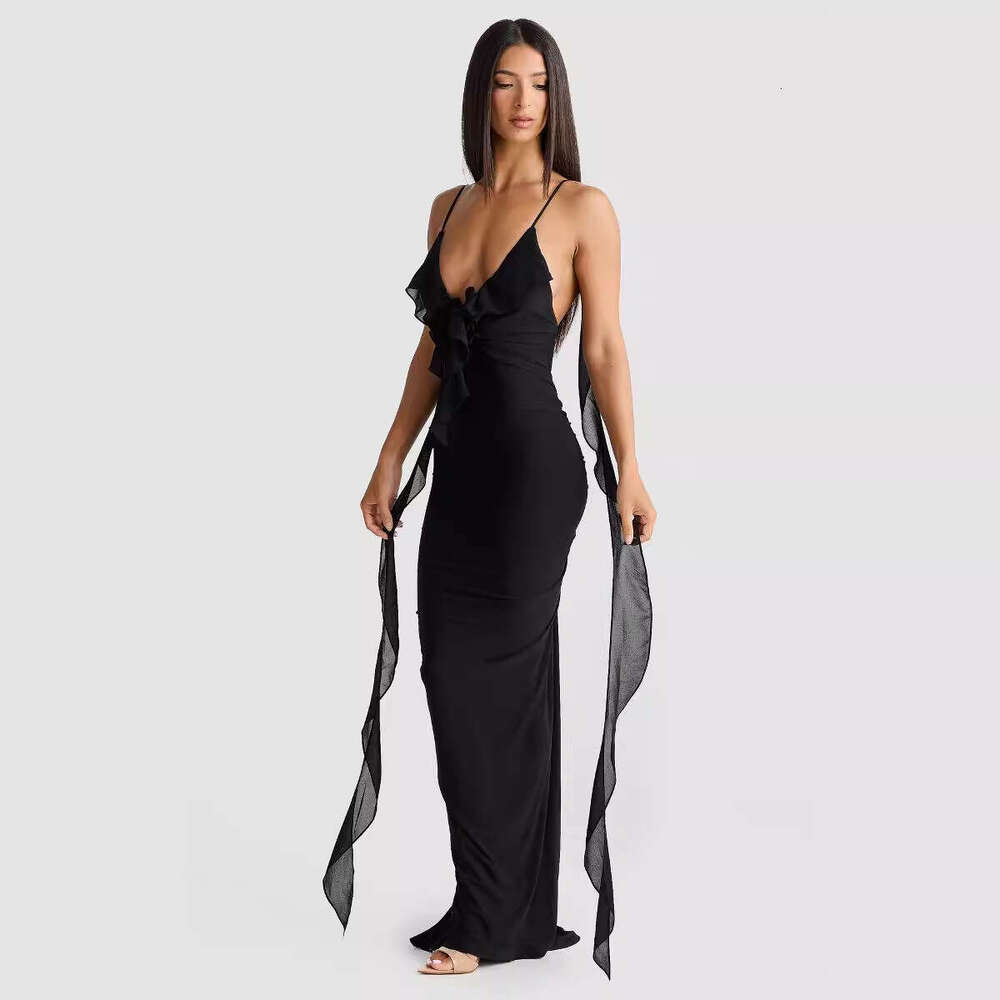 European and American women's summer sexy V-neck backless slim fit shoulder strap fish tail evening dress 2025 temperament versatile new trendy c