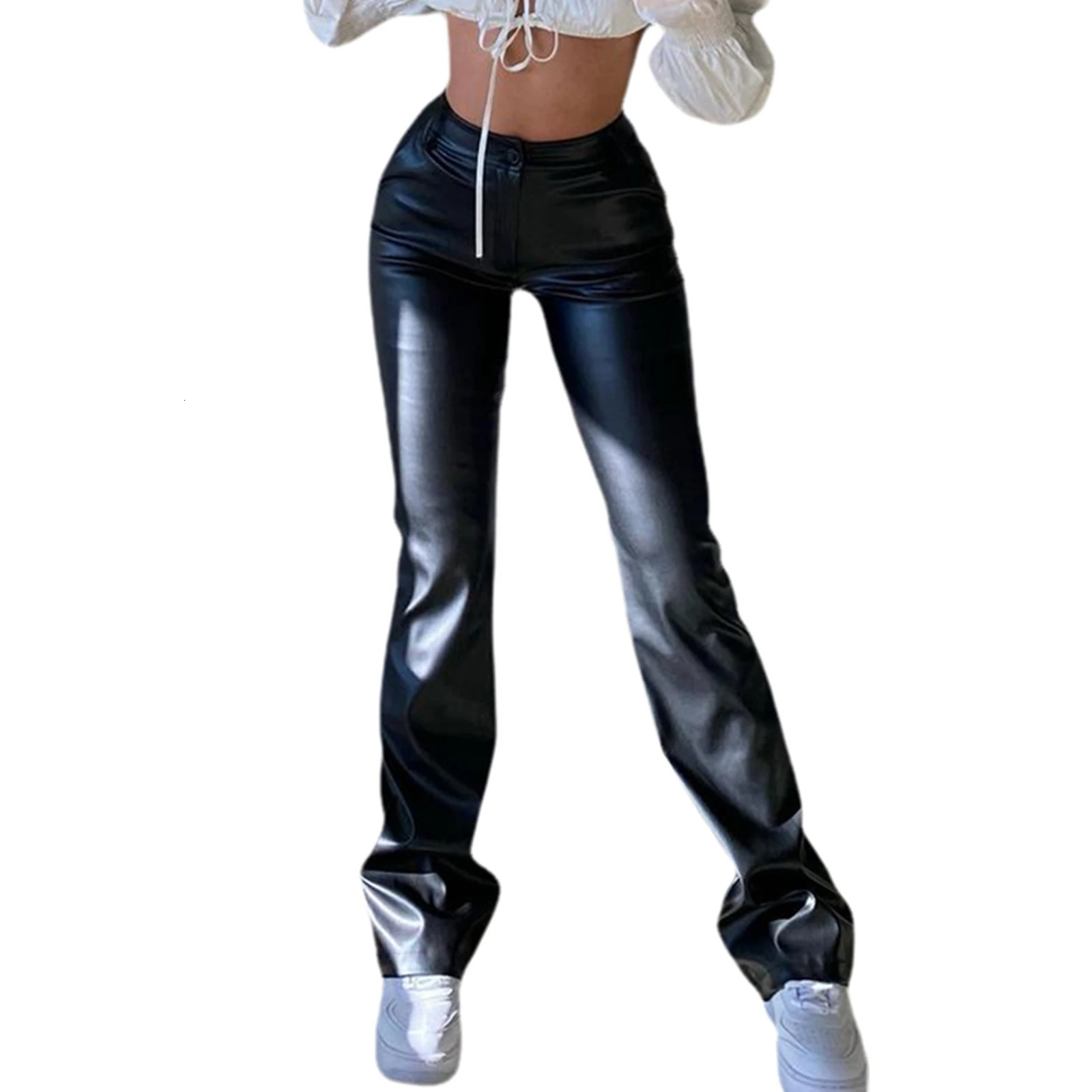 Fashion Women Slim Wide-leg Pants Adults High Waist Elastic PU Leather Trousers with Pockets Female Streetwear 250218