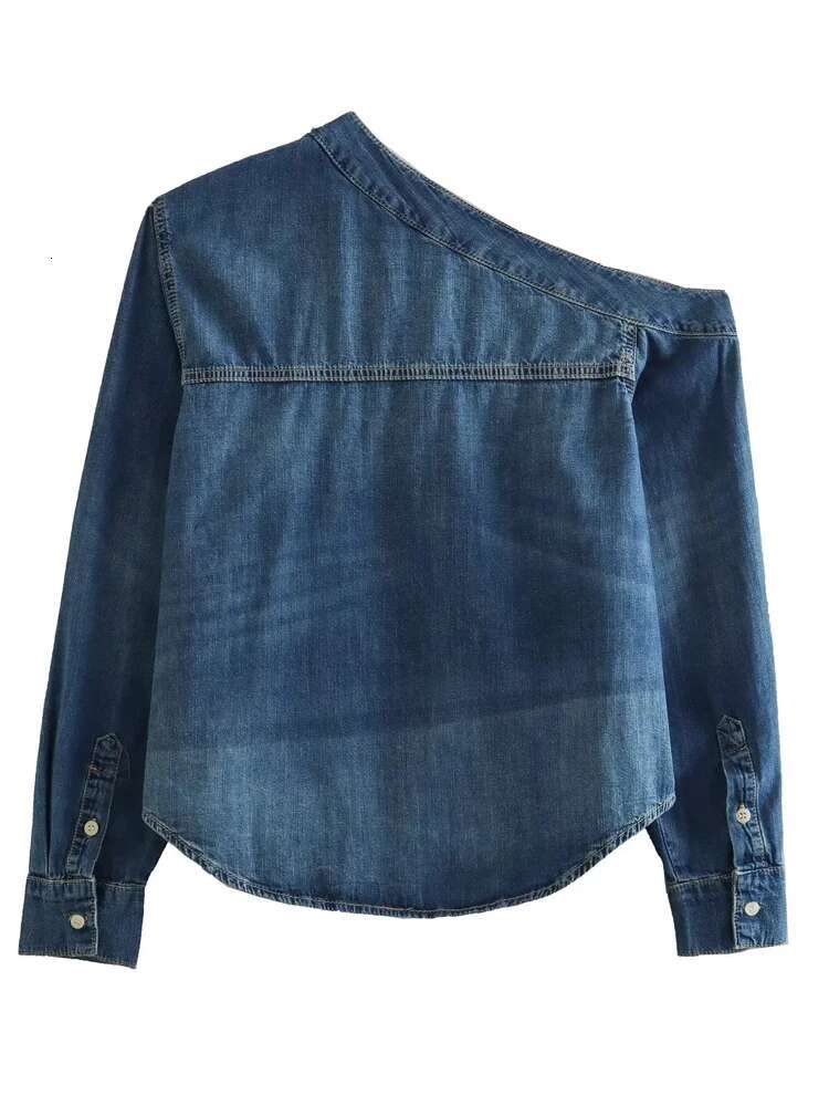 Trasymmetric Denim Blue Button Up Shirt Woman Oversized Shirts And Blouses For Women Long Sleeve Top Female