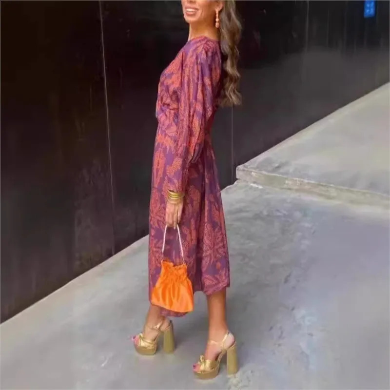 Vestidos Para Mujer Womens Retro Printed Midi Dress Round Neck Elegant Long Sleeve Dress Spring/Summer Party Dresses 250218