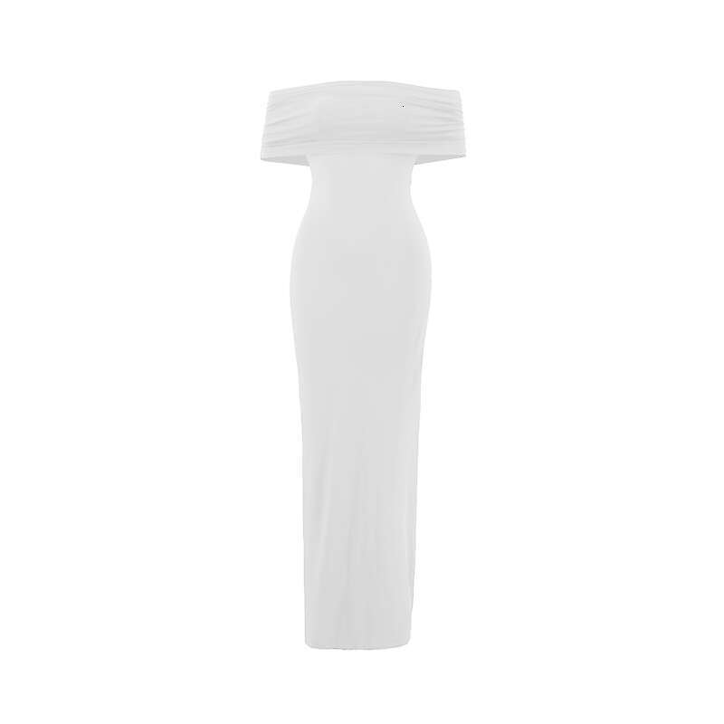 women's European and American summer sexy temperament one shoulder exposed backpack hip pleat solid color dress 2025 new casual versatile fashion