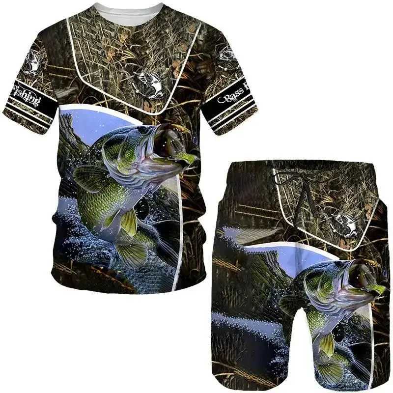 Mens Outdoor Fishing Hunting 3D Print T-shirt Shorts 2-piece Set O-neck Retro Fashion Sports Short Sleeve Pullover High-qualityXJ250218
